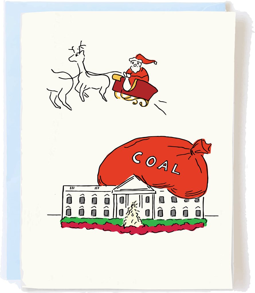Funny Christmas Card - Political Anti-Trump humor dropping bag of coal on the White House